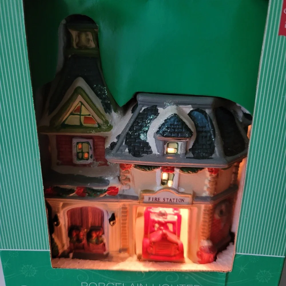 Home Elements Porcelain Lighted Village Firehouse/Station Christmas Decor